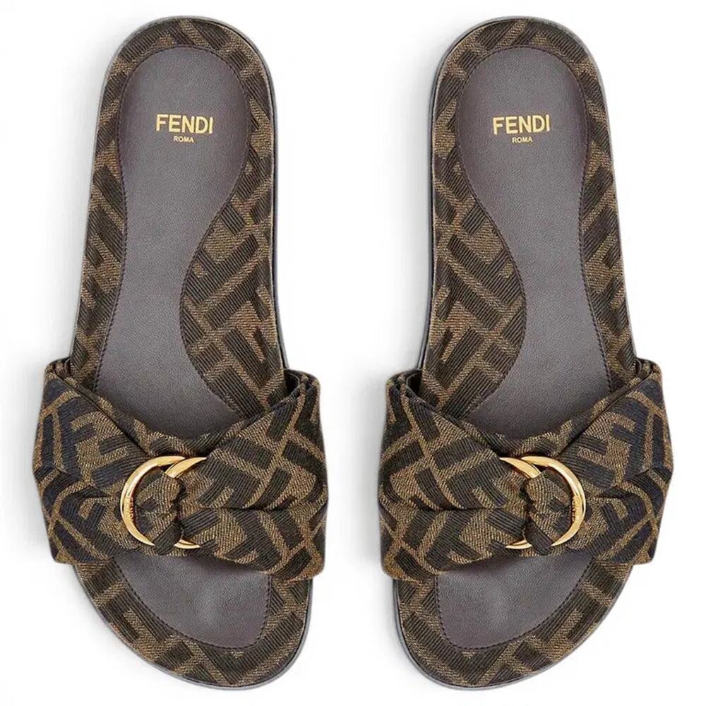 Fendi Feel FF Zucca Monogram Satin Knotted Slip On Slide Sandals Brown Womens 37